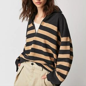 Free People Women's Coastal Stripe Pullover Oversized Knit Quarter Zip Sz Small